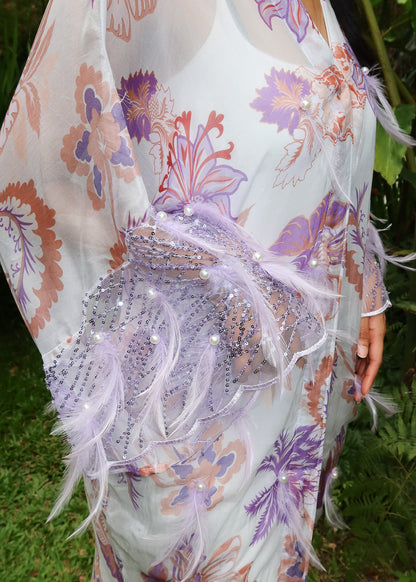 Printed Lavender Outerwear with Feathers and Pearl