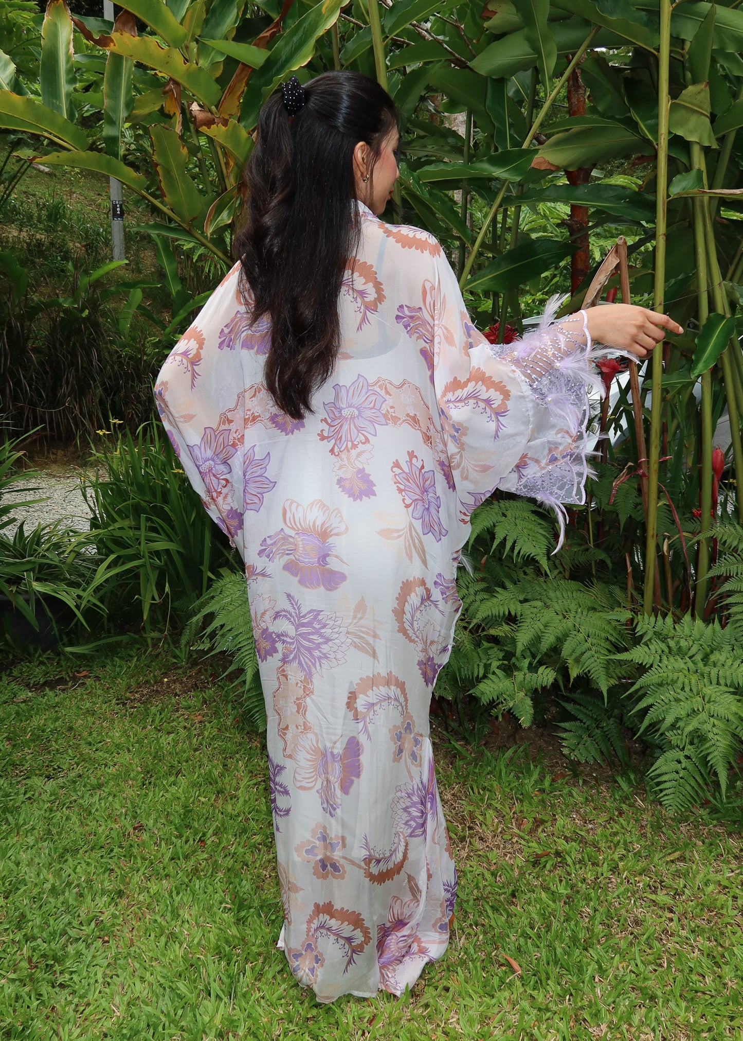Printed Lavender Outerwear with Feathers and Pearl