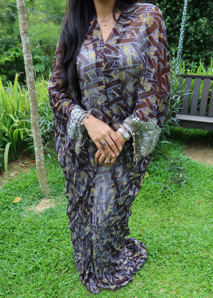 Asymetrical Printed Brown Dress with Lace