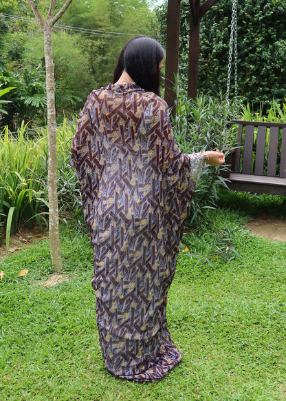 Asymetrical Printed Brown Dress with Lace