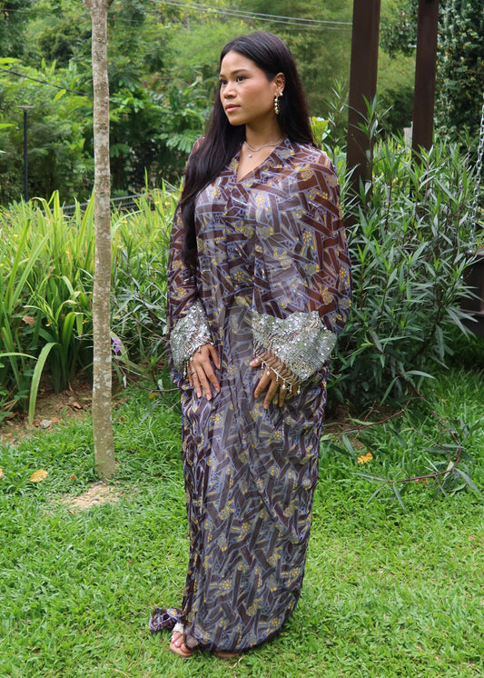 Asymetrical Printed Brown Dress with Lace