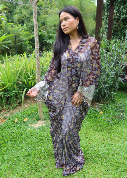 Asymetrical Printed Brown Dress with Lace