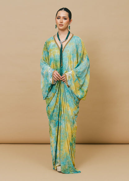 Mixed Print Chiffon Kaftan in Yellow Green