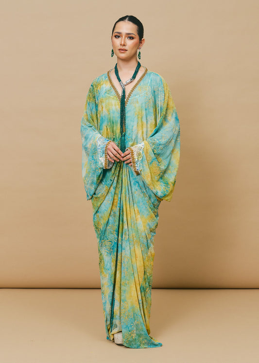 Mixed Print Chiffon Kaftan in Yellow Green