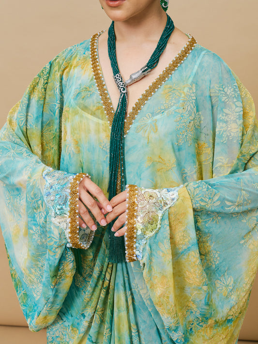 Mixed Print Chiffon Kaftan in Yellow Green