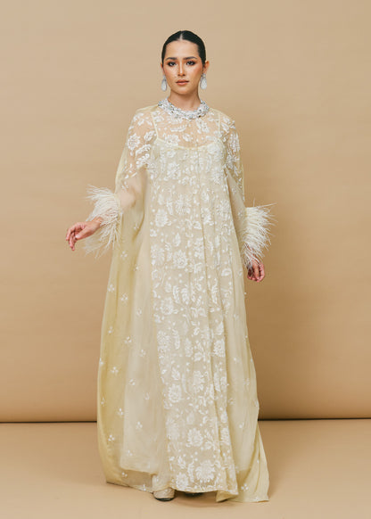 Ostrich Feather Maxi Dress in White