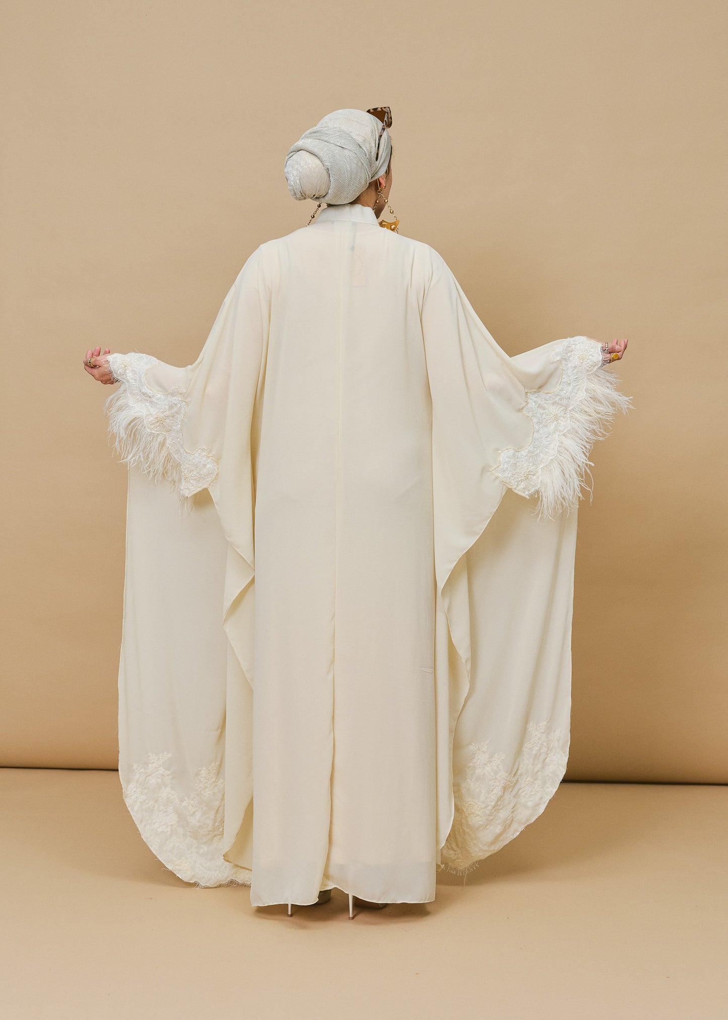 Ivory Chiffon Silk Buttoned Kaftan with Feathers