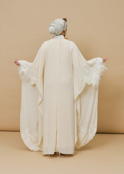 Ivory Chiffon Silk Buttoned Kaftan with Feathers