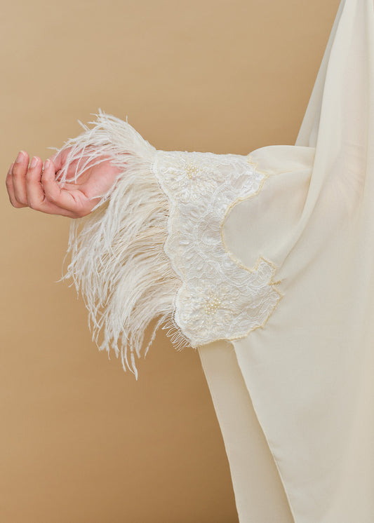 Ivory Chiffon Silk Buttoned Kaftan with Feathers