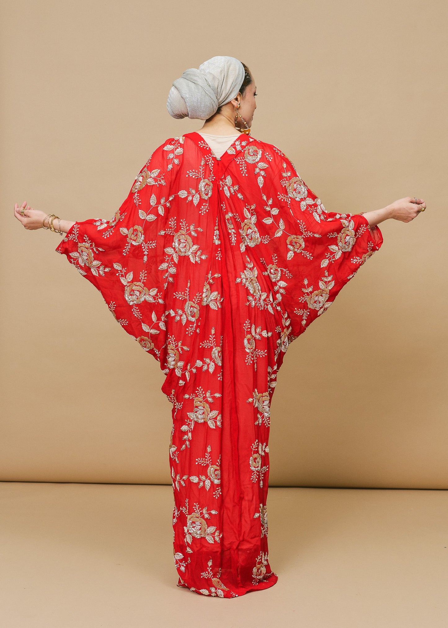 Lace Red Embroided Chiffon Silk Kaftan