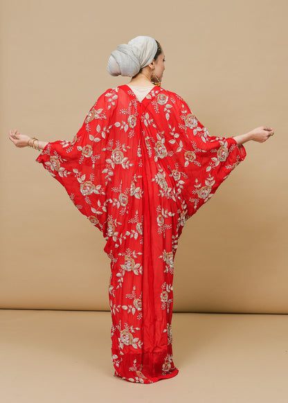 Lace Red Embroided Chiffon Silk Kaftan