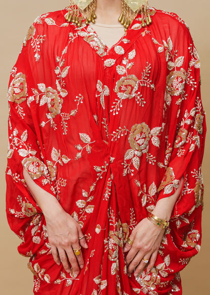Lace Red Embroided Chiffon Silk Kaftan