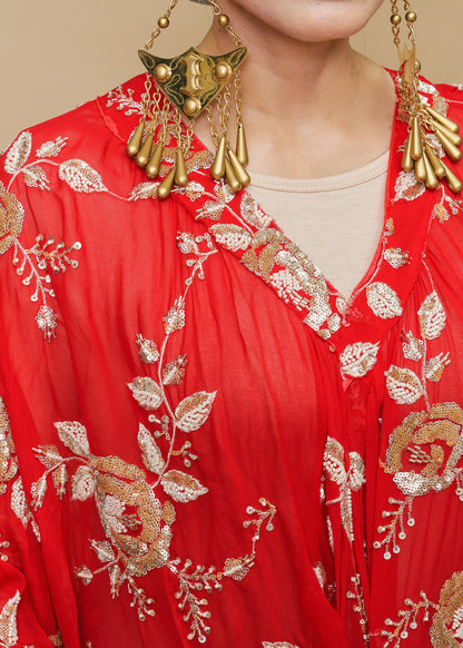 Lace Red Embroided Chiffon Silk Kaftan