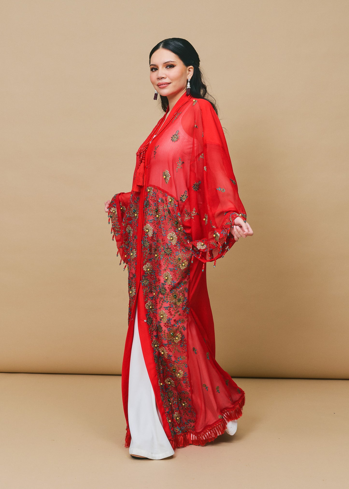 Lace Red Chiffon Silk Abaya with Lace