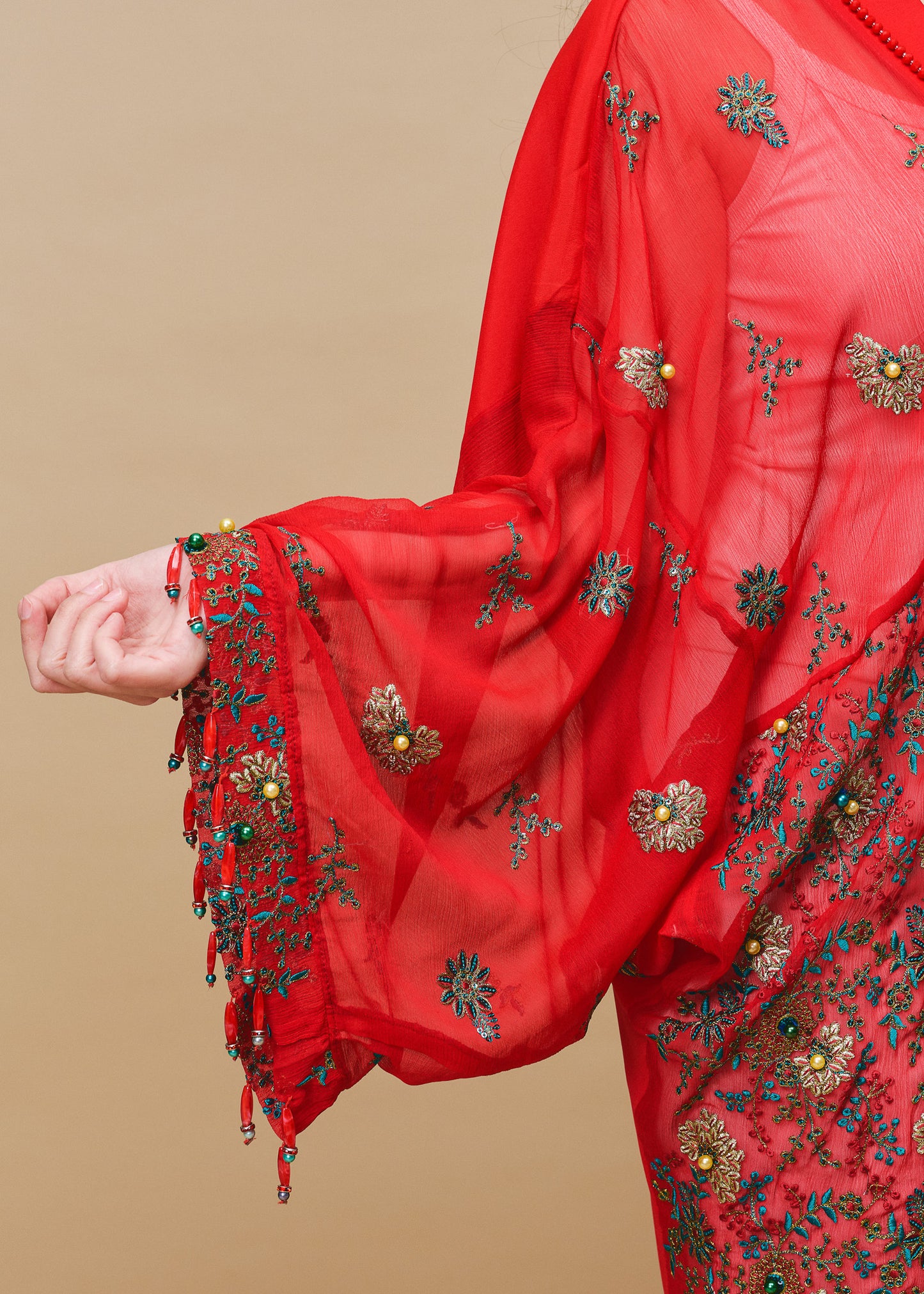 Lace Red Chiffon Silk Abaya with Lace