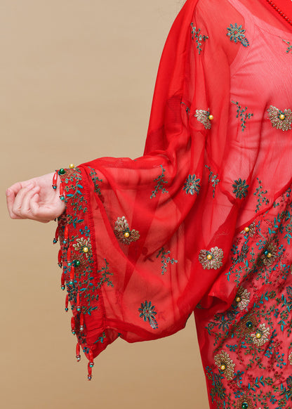 Lace Red Chiffon Silk Abaya with Lace