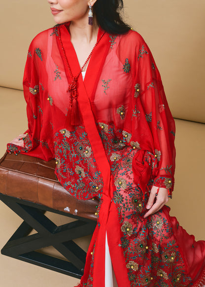Lace Red Chiffon Silk Abaya with Lace