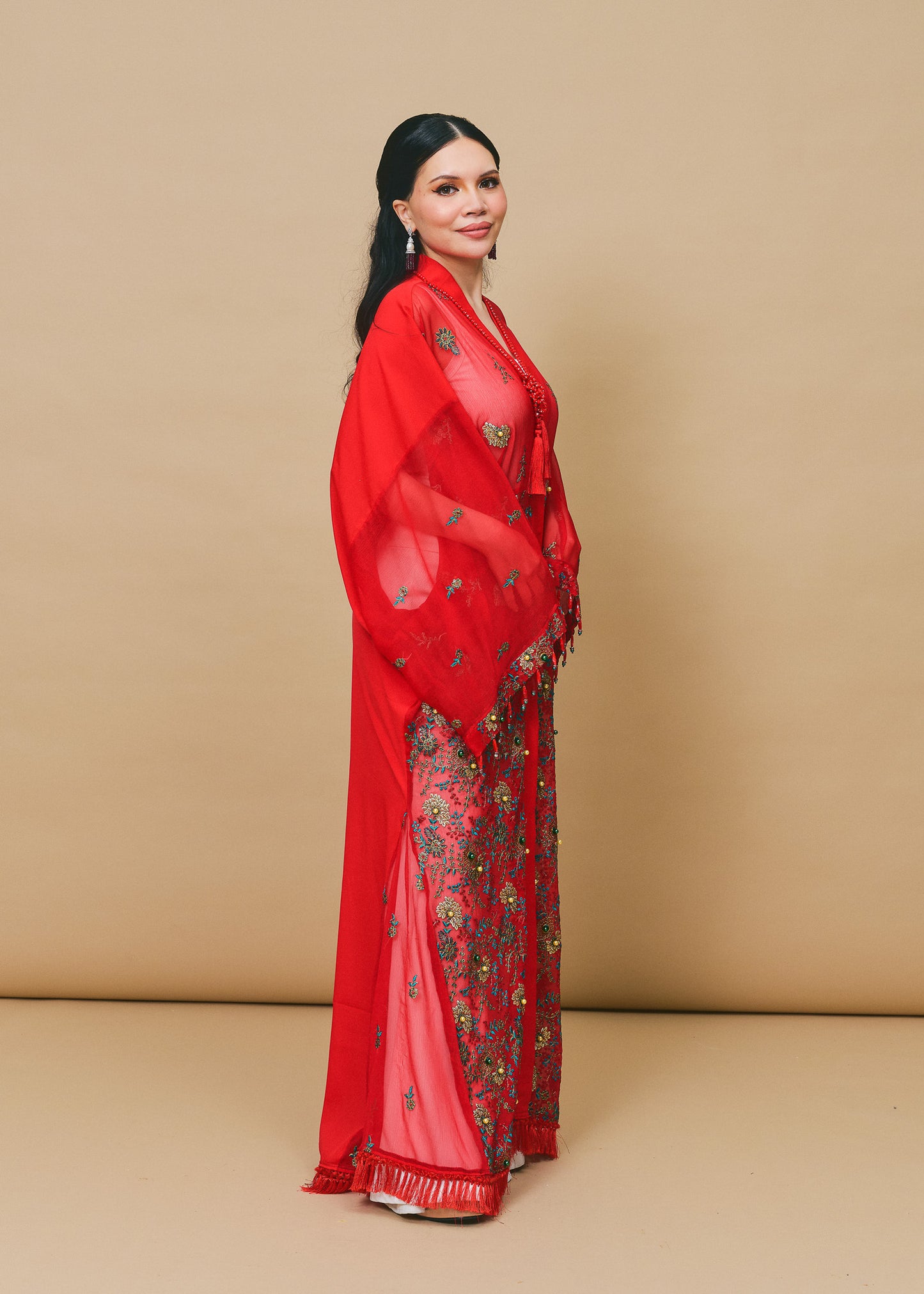 Lace Red Chiffon Silk Abaya with Lace