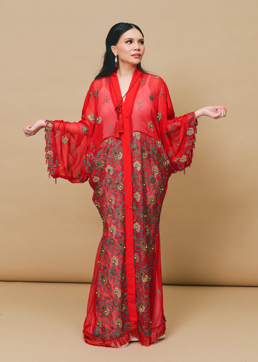 Lace Red Chiffon Silk Abaya with Lace