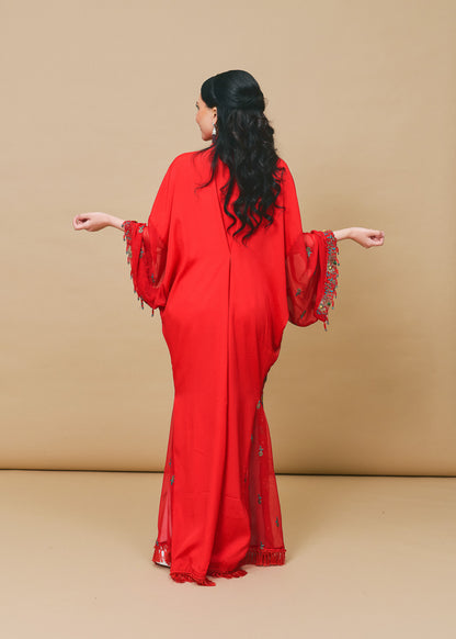 Lace Red Chiffon Silk Abaya with Lace