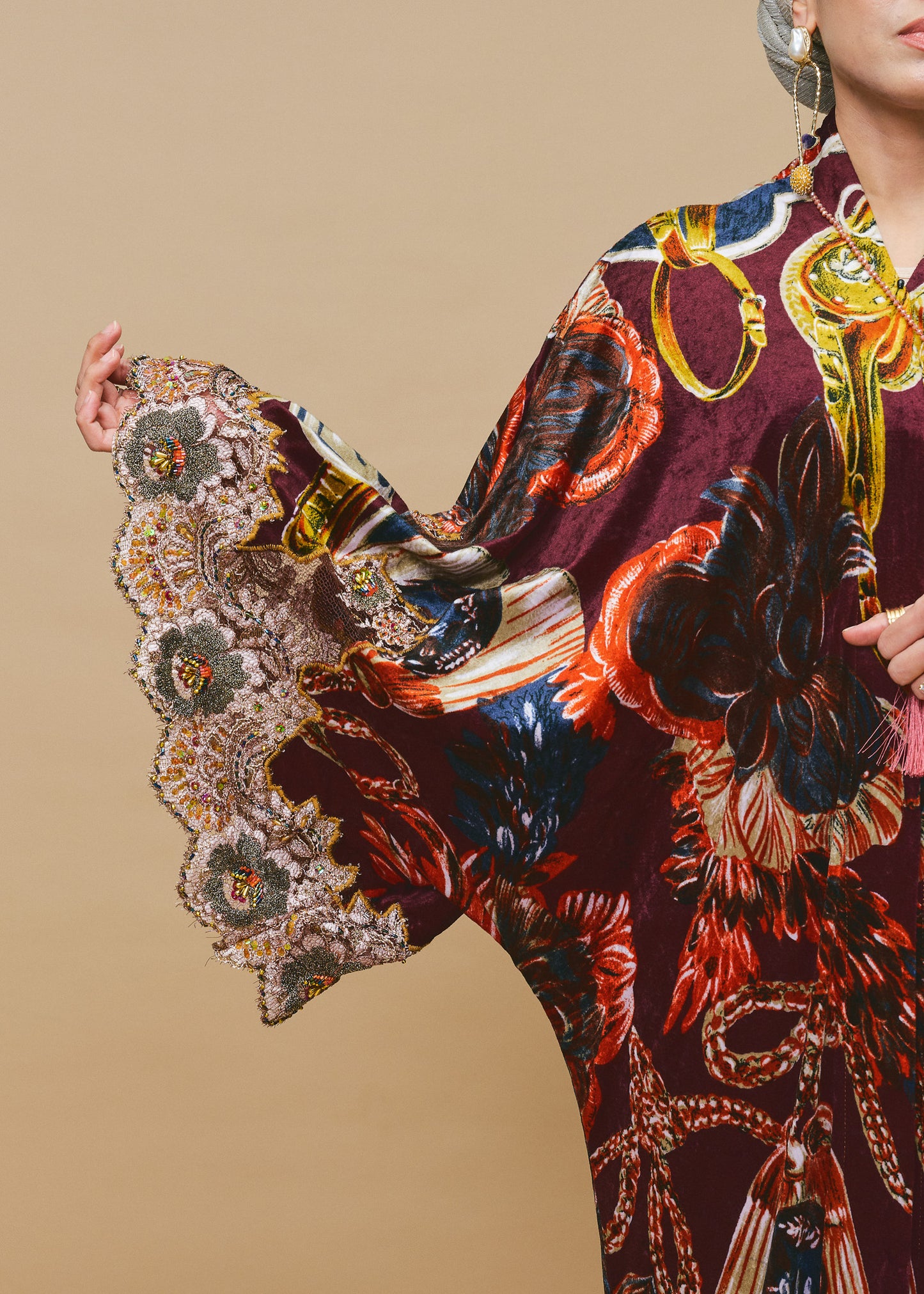 Velvet Silk Outerwear with French Lace