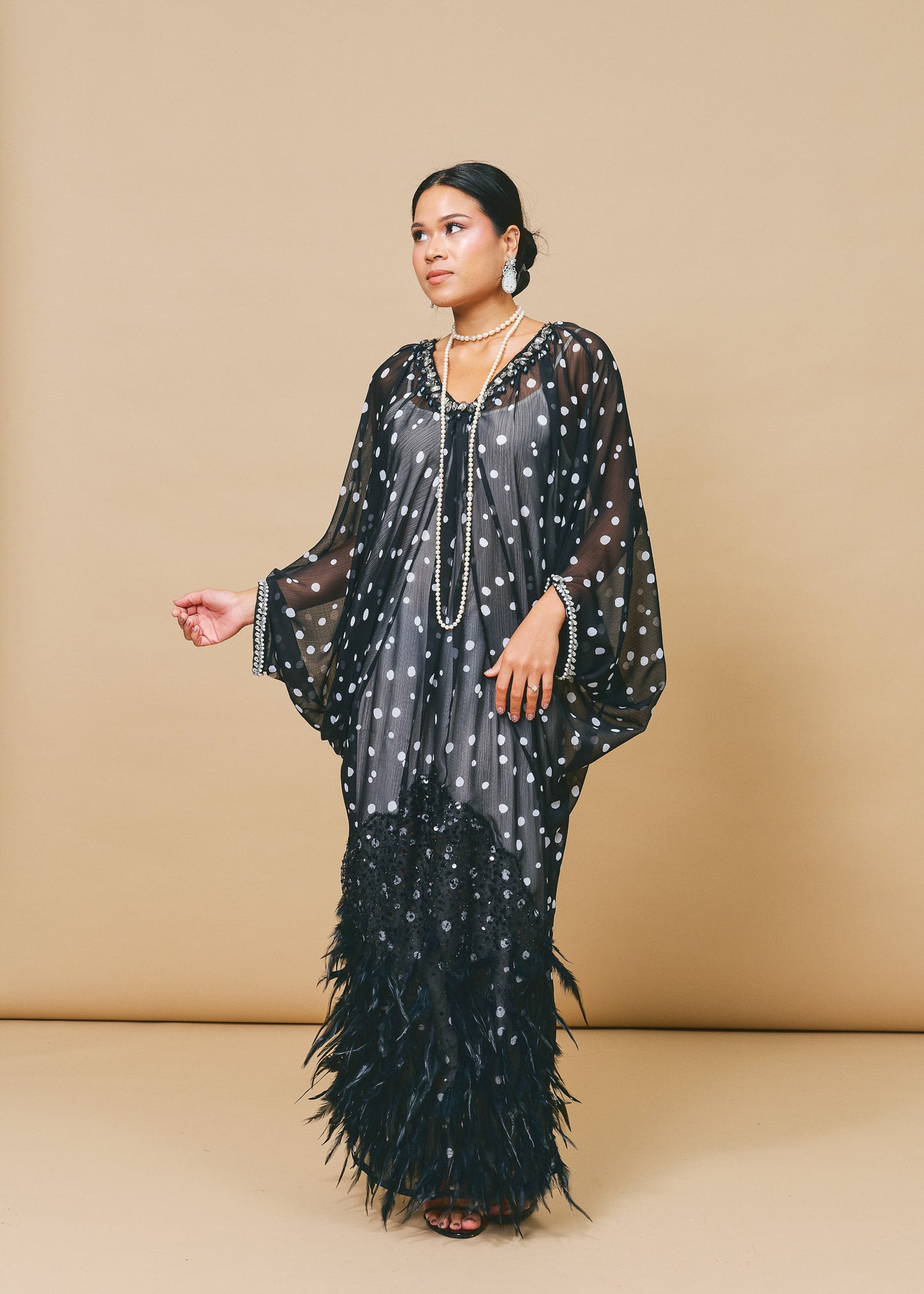 Polka Dot Chiffon Kaftan with Ostrich Feather