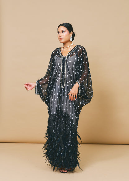 Polka Dot Chiffon Kaftan with Ostrich Feather