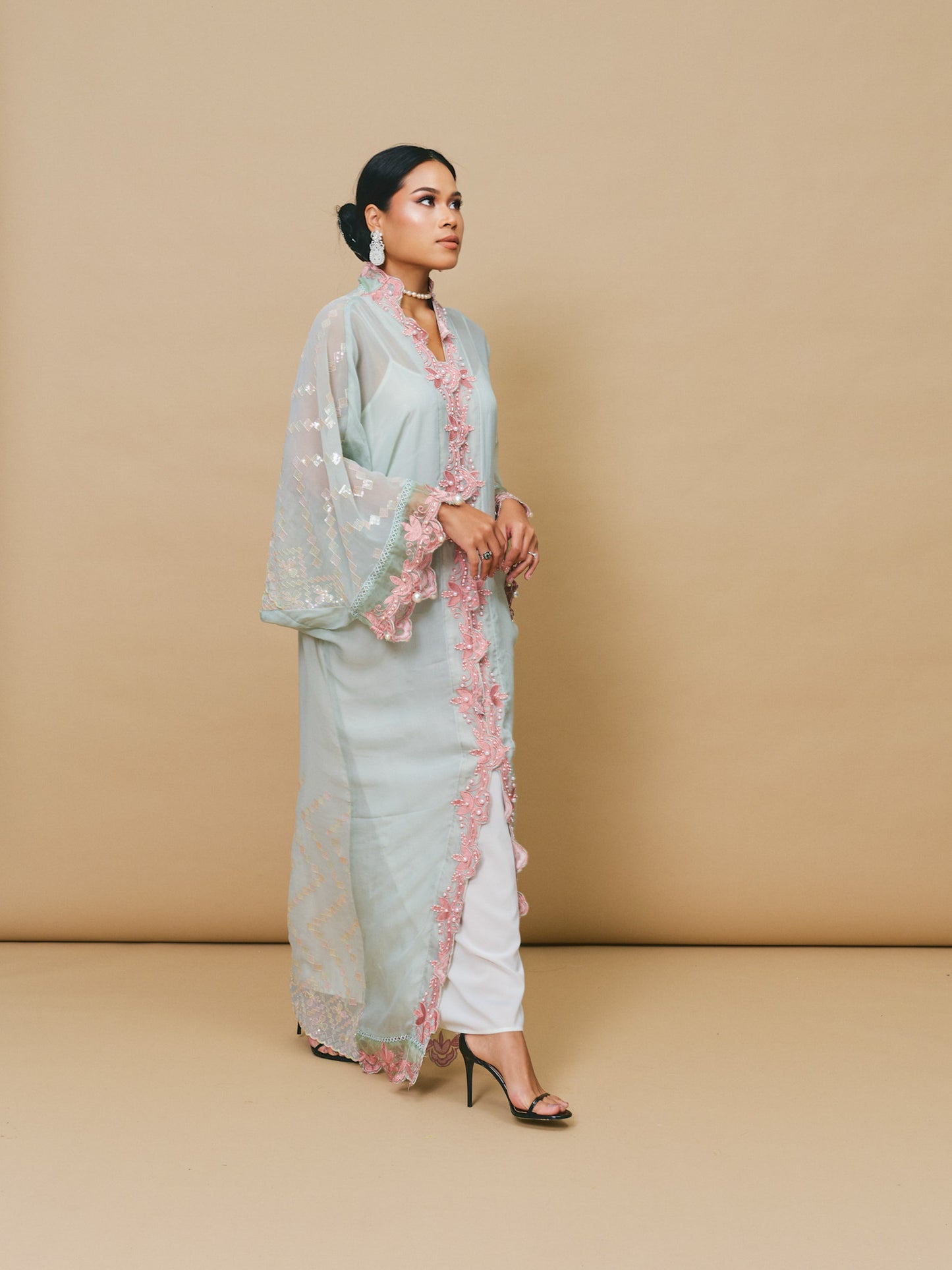 Sage Green Abaya with Blush Pink Lace