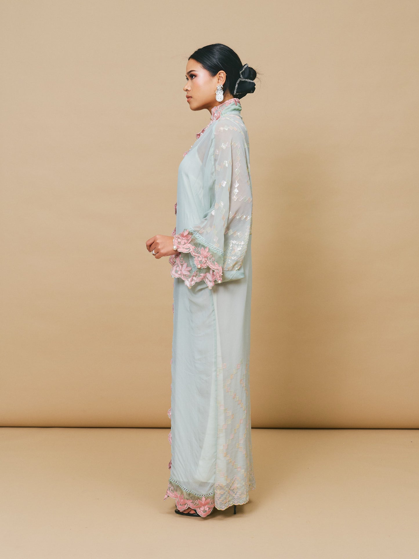 Sage Green Abaya with Blush Pink Lace