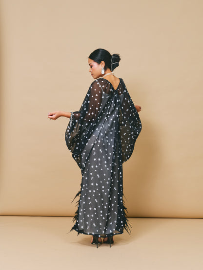 Polka Dot Chiffon Kaftan with Ostrich Feather
