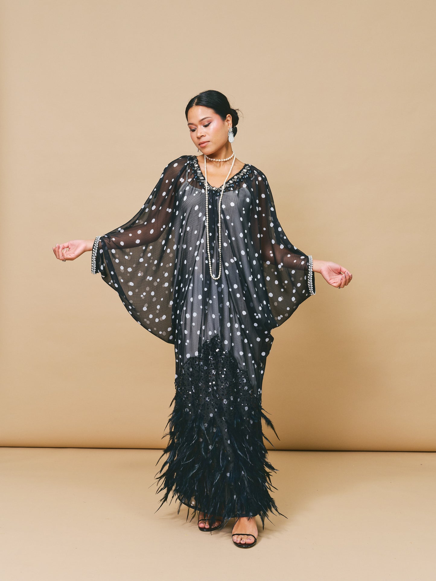 Polka Dot Chiffon Kaftan with Ostrich Feather