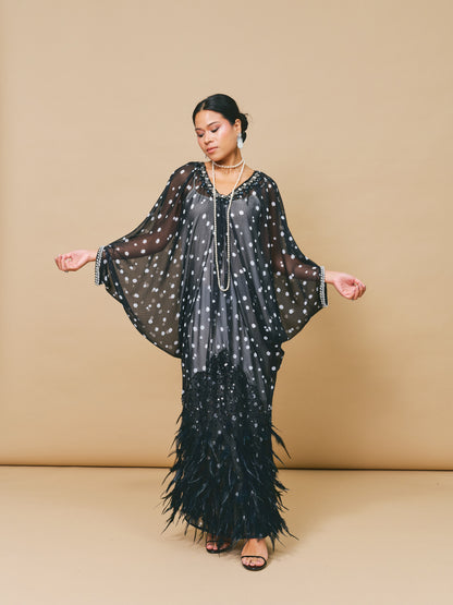 Polka Dot Chiffon Kaftan with Ostrich Feather