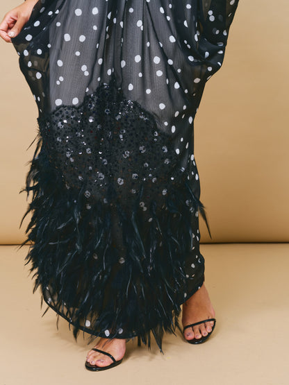 Polka Dot Chiffon Kaftan with Ostrich Feather