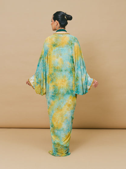 Mixed Print Chiffon Kaftan in Yellow Green