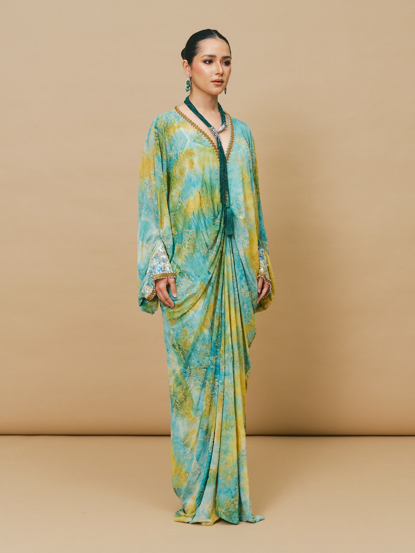 Mixed Print Chiffon Kaftan in Yellow Green