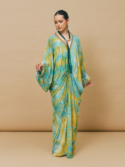 Mixed Print Chiffon Kaftan in Yellow Green