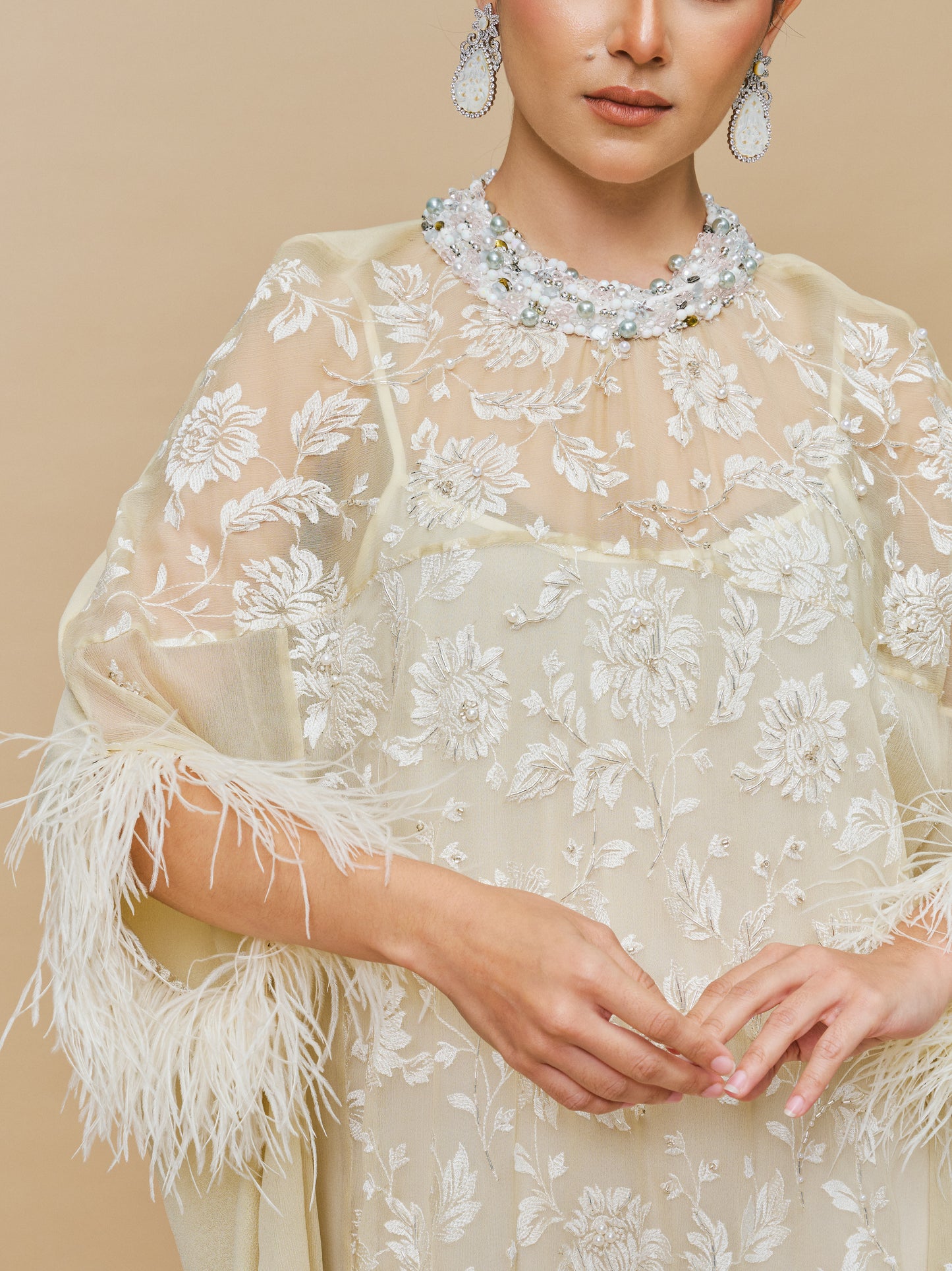 Ostrich Feather Maxi Dress in White