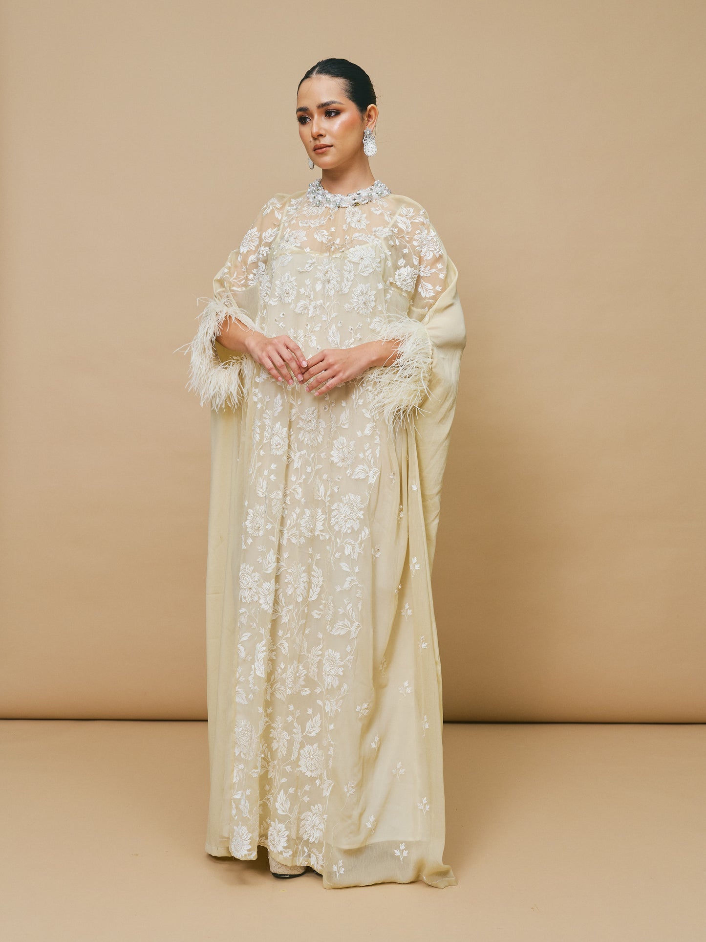 Ostrich Feather Maxi Dress in White