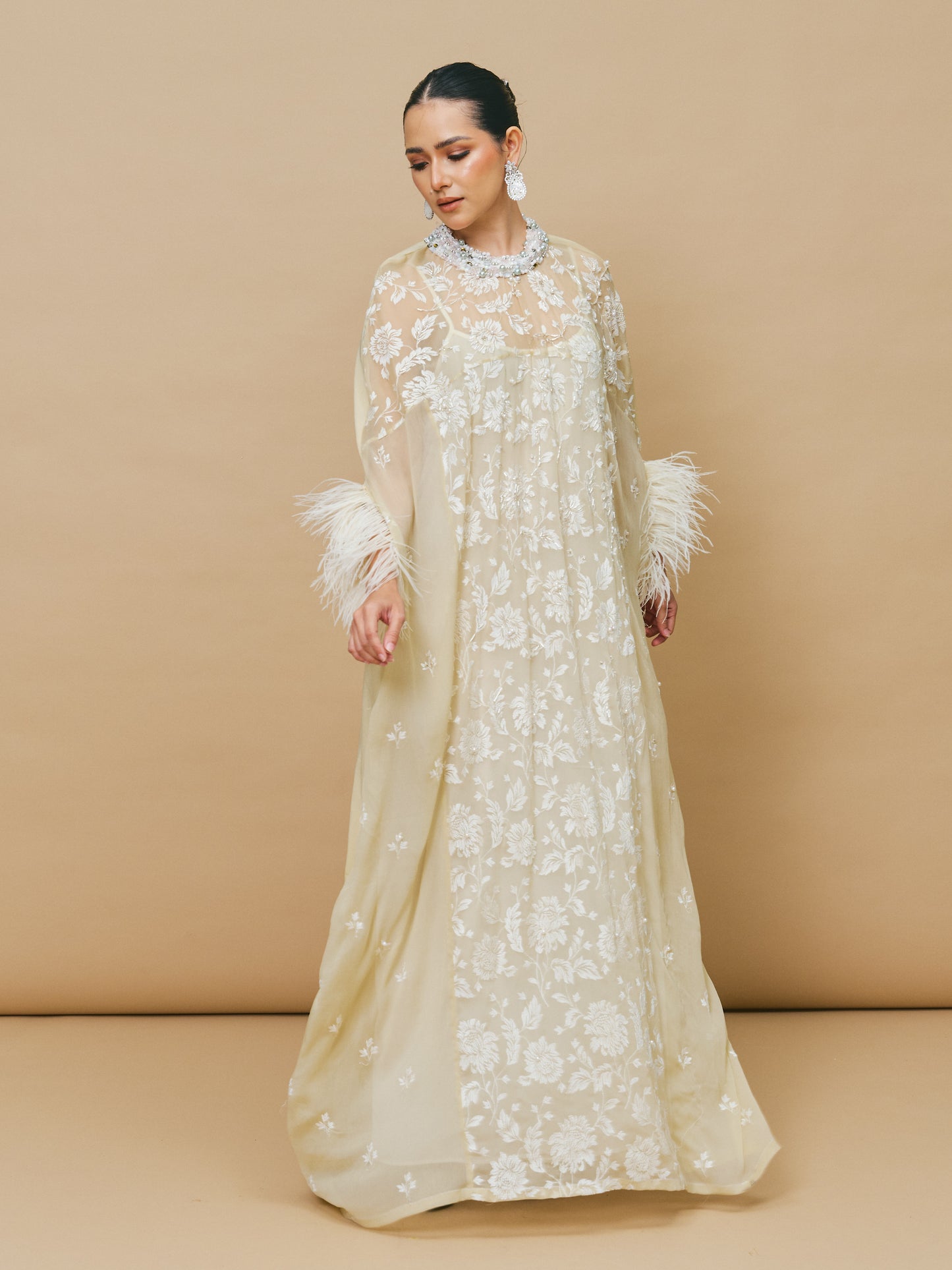 Ostrich Feather Maxi Dress in White