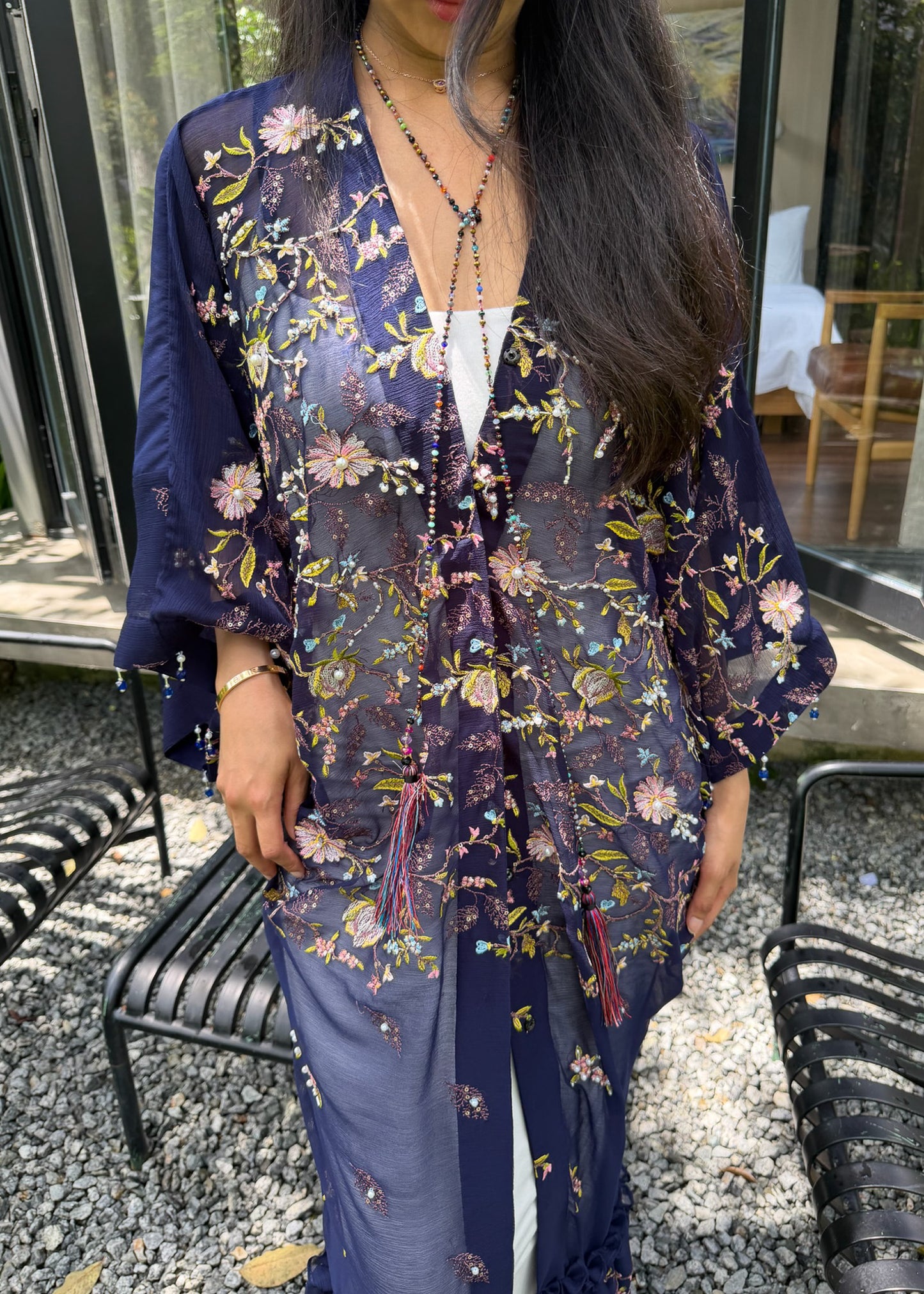 Multicoloured Chiffon Silk Outerwear with Tassels