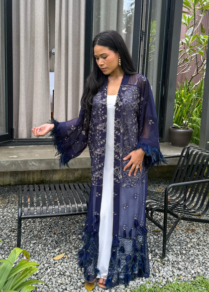Embroided Navy Blue Abaya with Feathers
