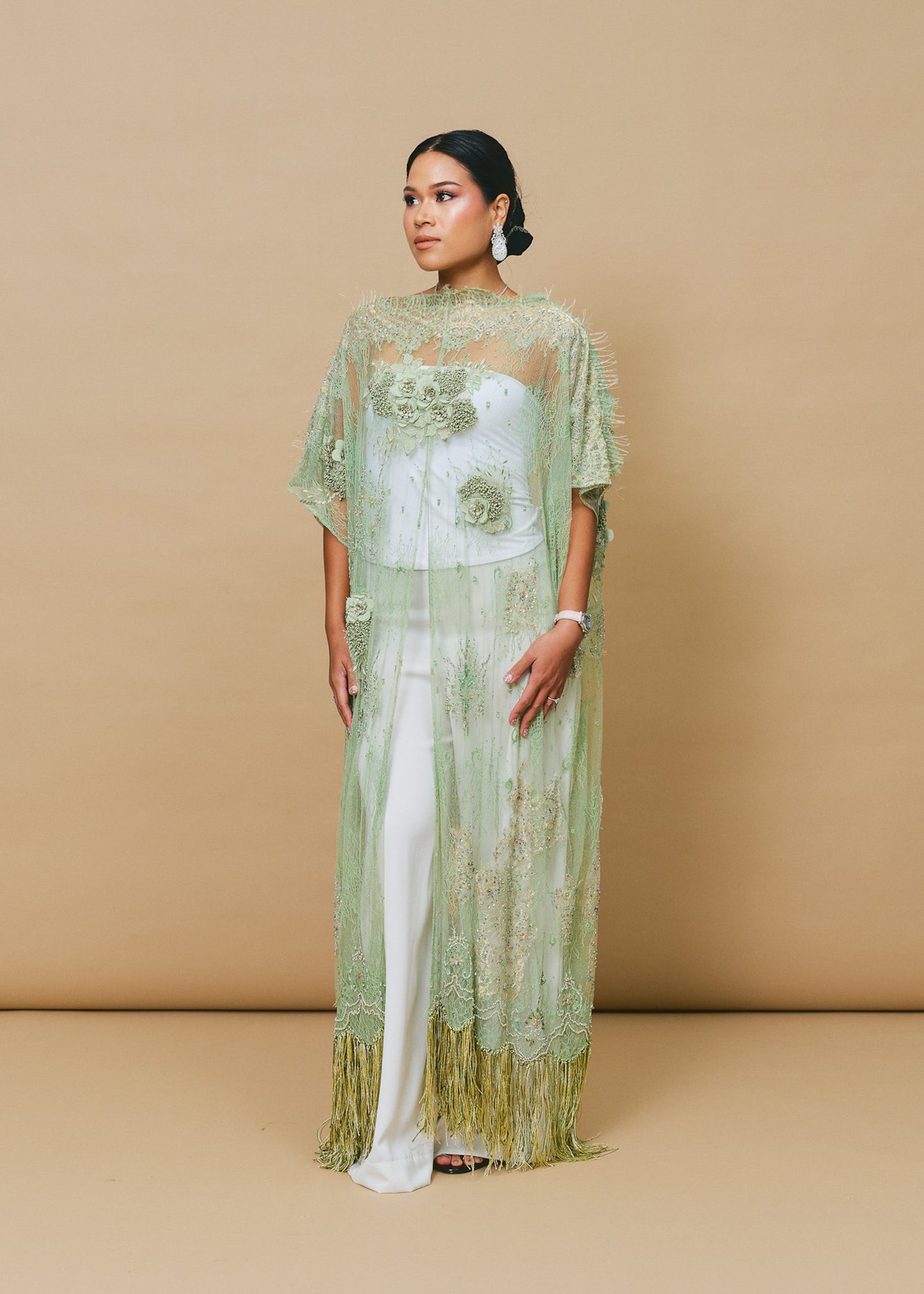 Full Floral Lace Dress in Sage Green