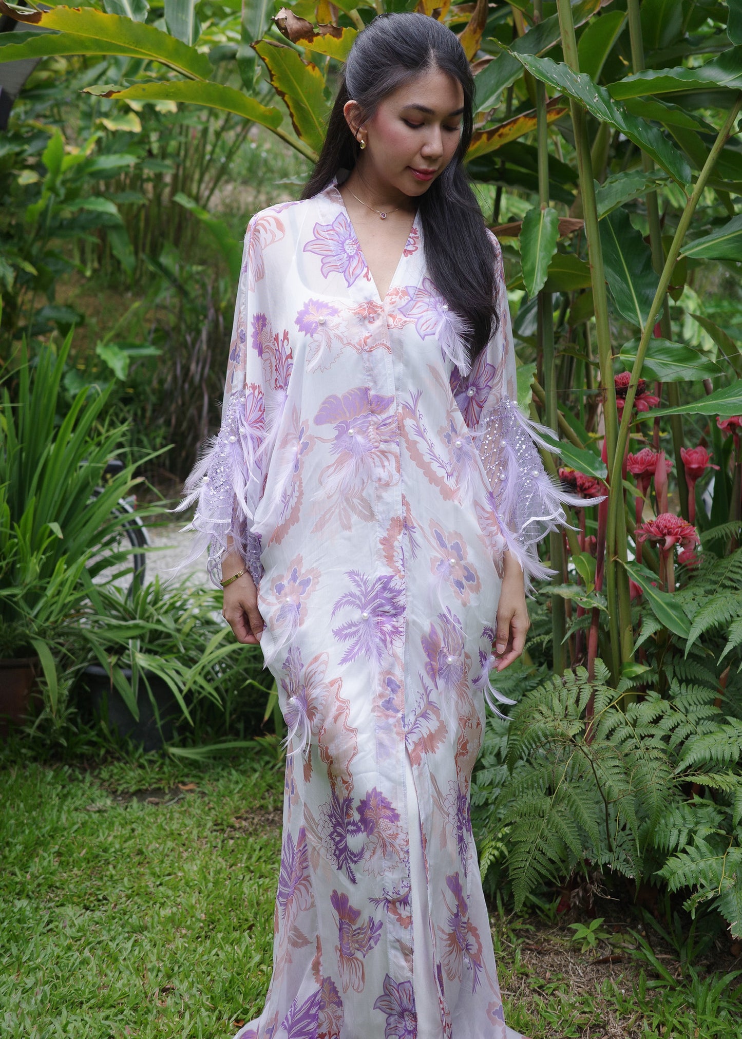 Printed Lavender Outerwear with Feathers and Pearl