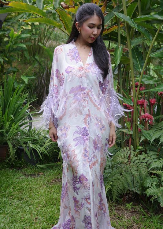 Printed Lavender Outerwear with Feathers and Pearl