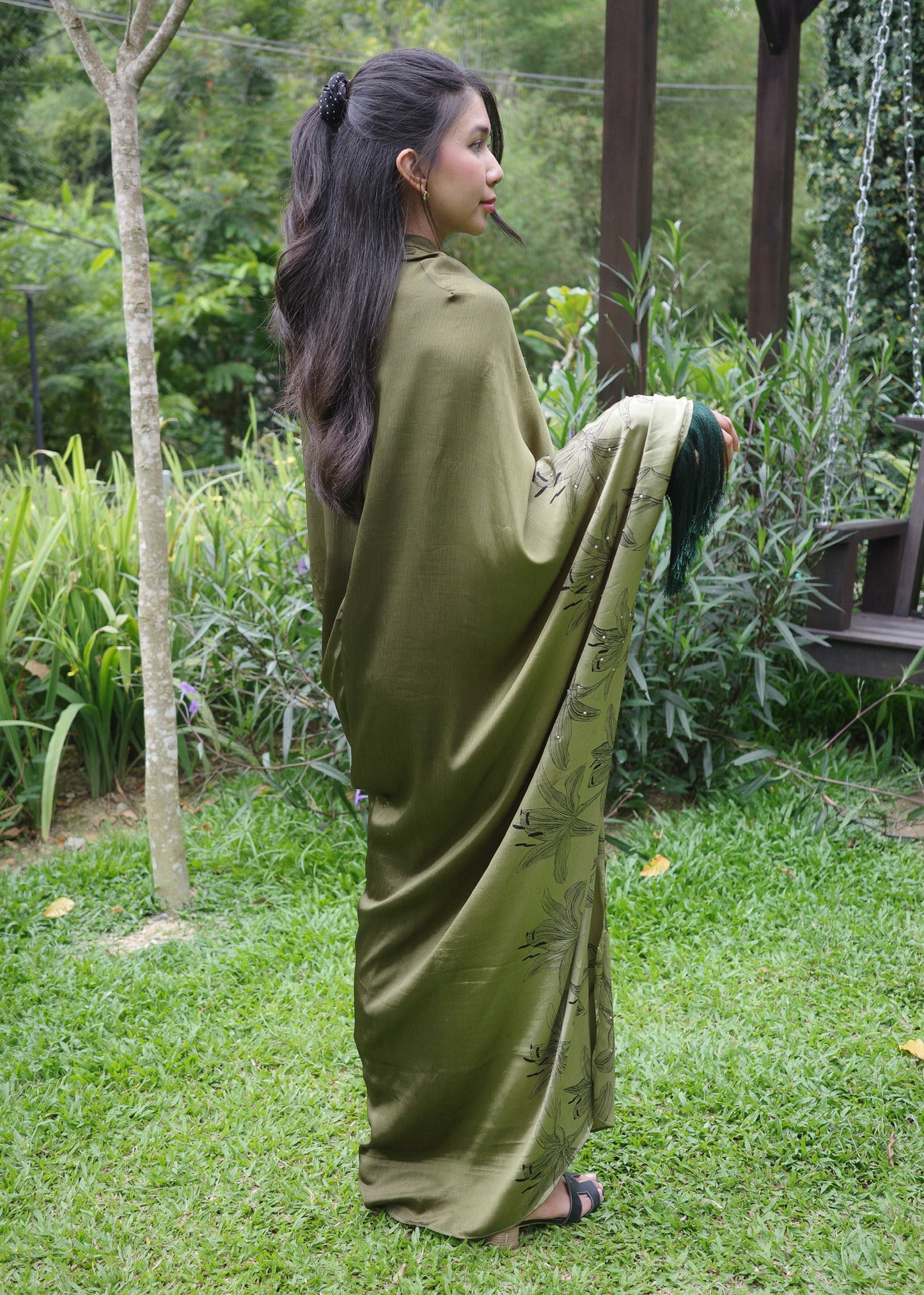 Asymetrical Olive Green Dress with Tassels
