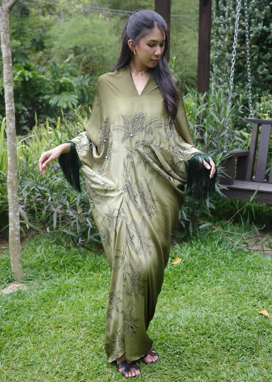Asymetrical Olive Green Dress with Tassels
