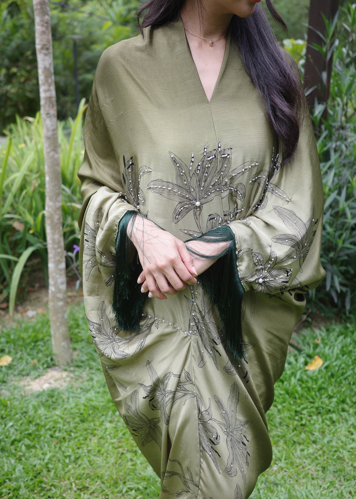Asymetrical Olive Green Dress with Tassels