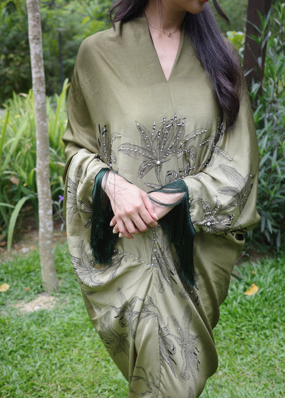 Asymetrical Olive Green Dress with Tassels