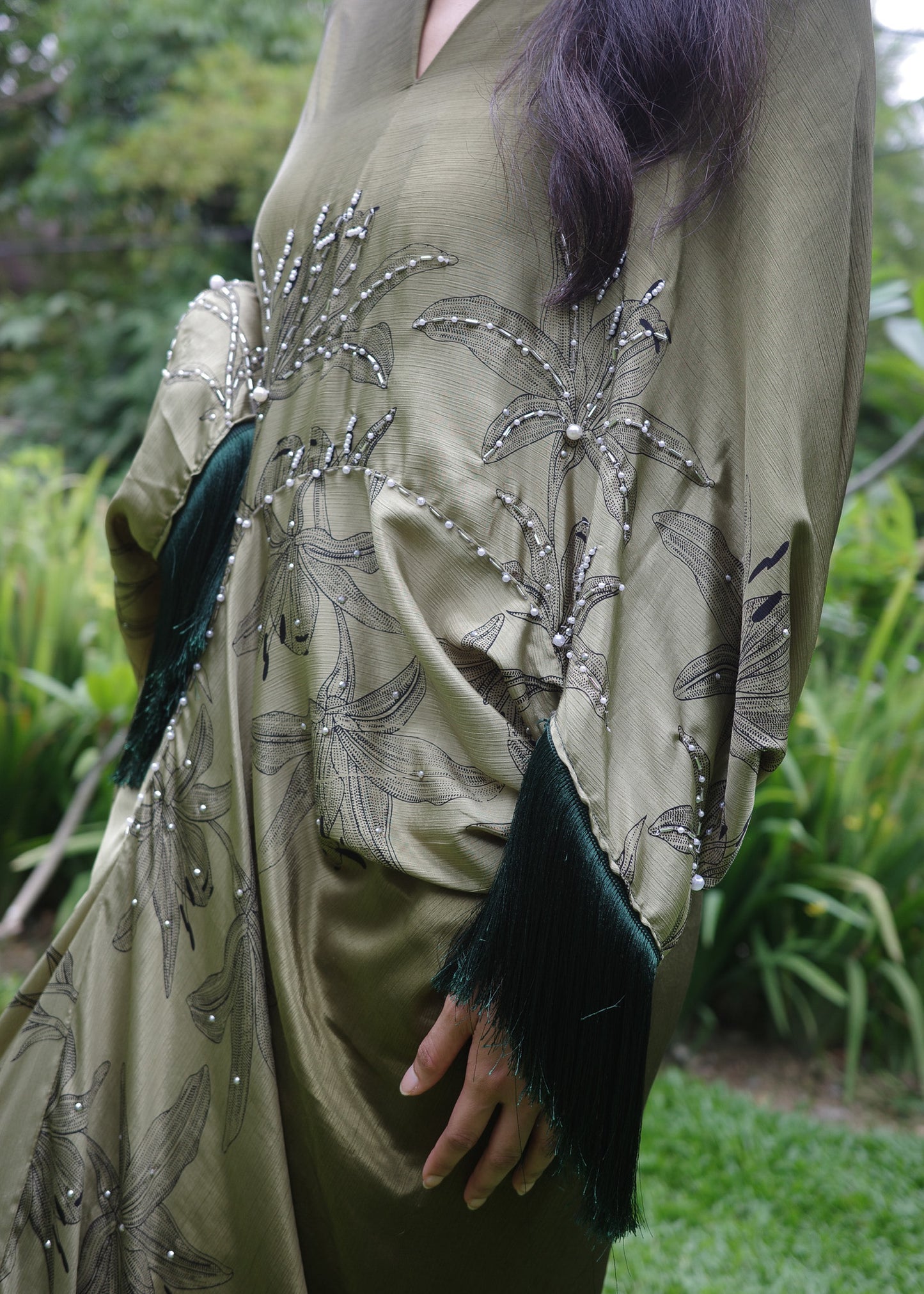 Asymetrical Olive Green Dress with Tassels