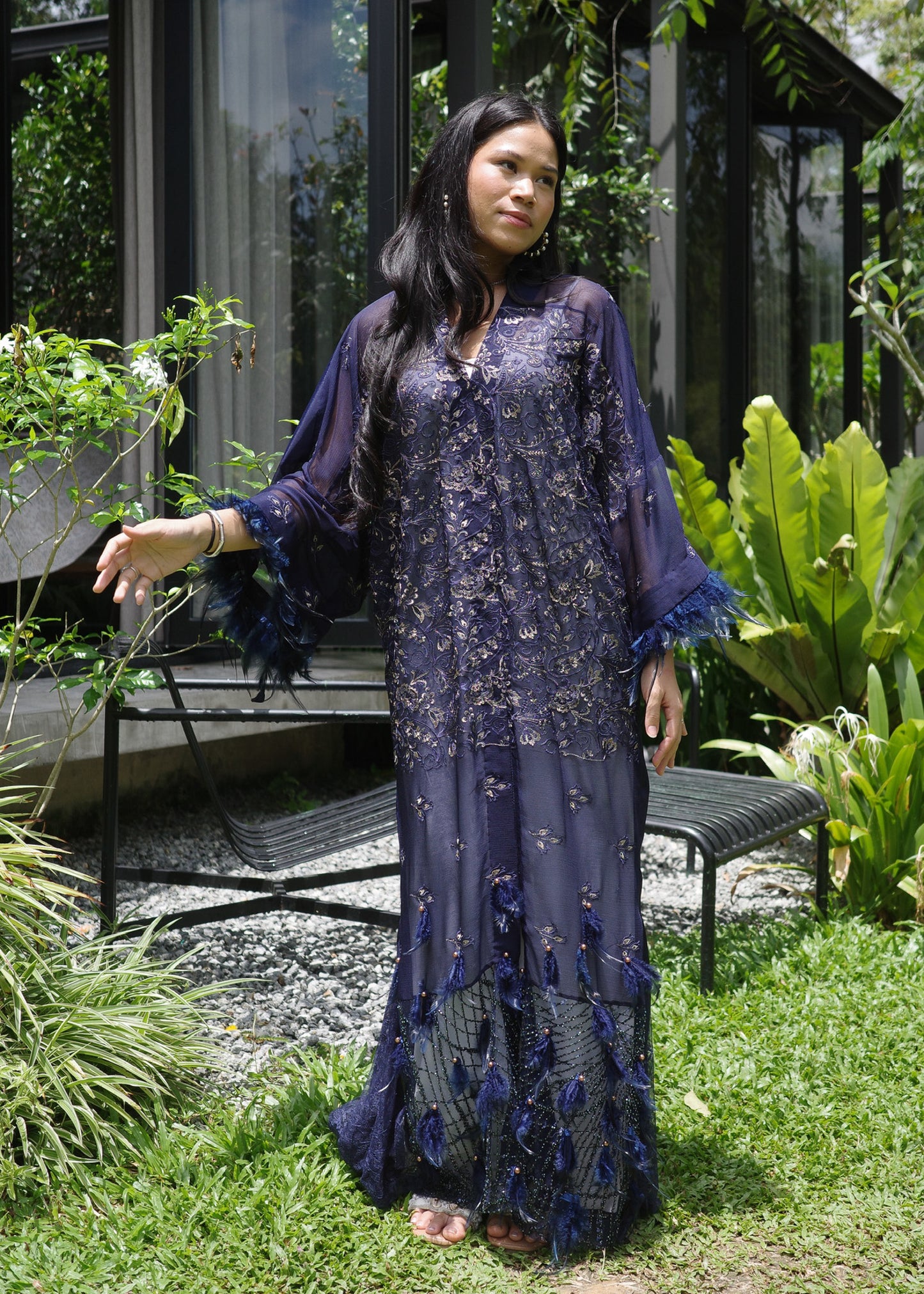 Embroided Navy Blue Abaya with Feathers